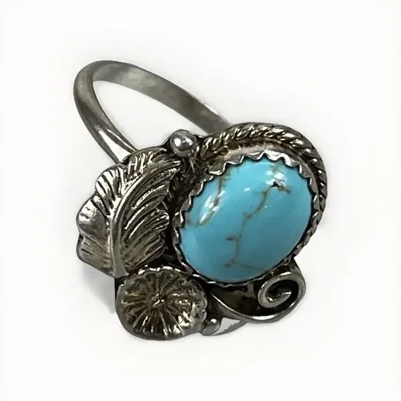 Vintage Navajo Sterling Silver Turquoise Ring Size 8 Native American- Signed - Picture 3 of 12